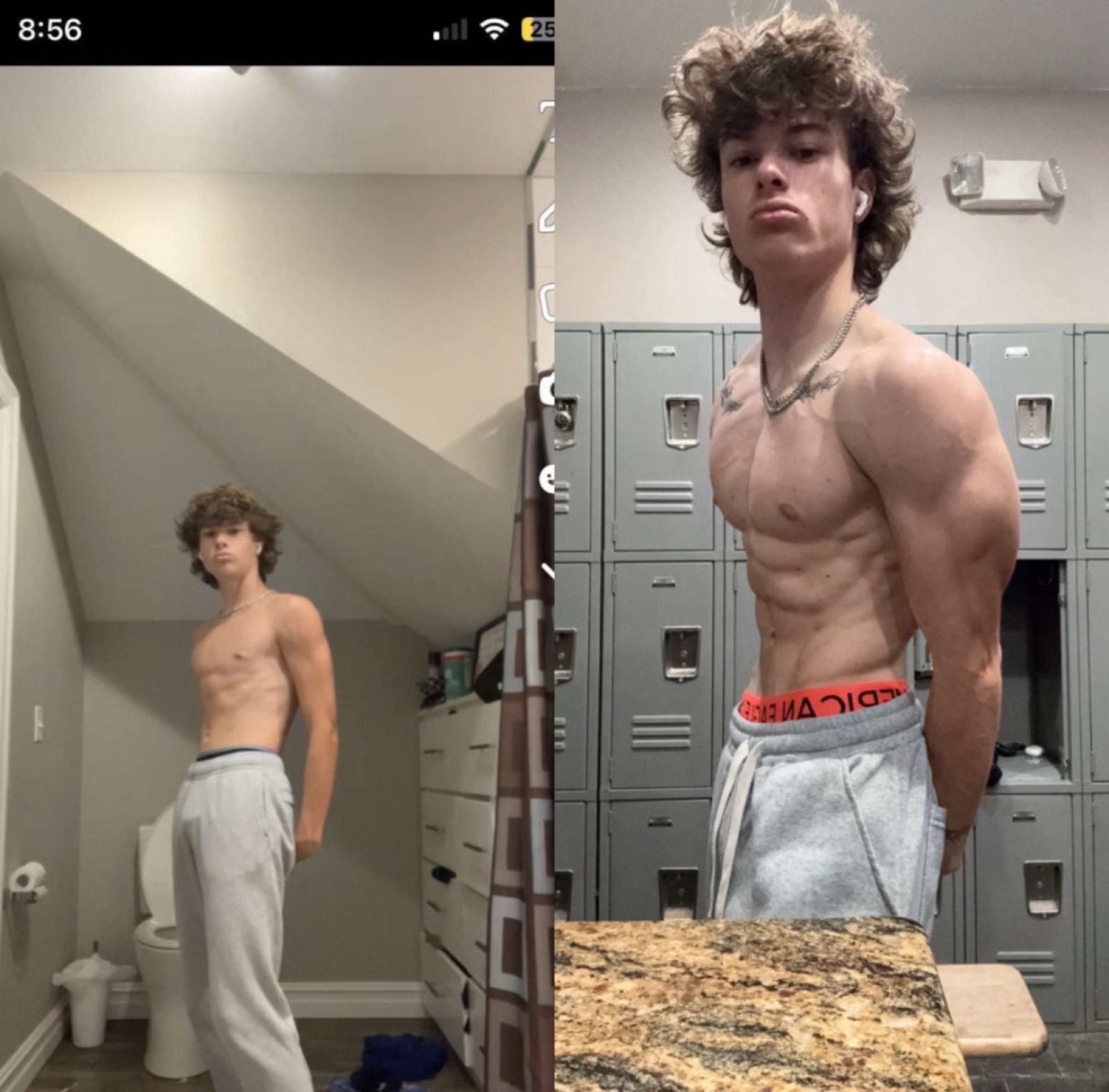Young male client from a lean beginner frame to shredded muscular conditioning.