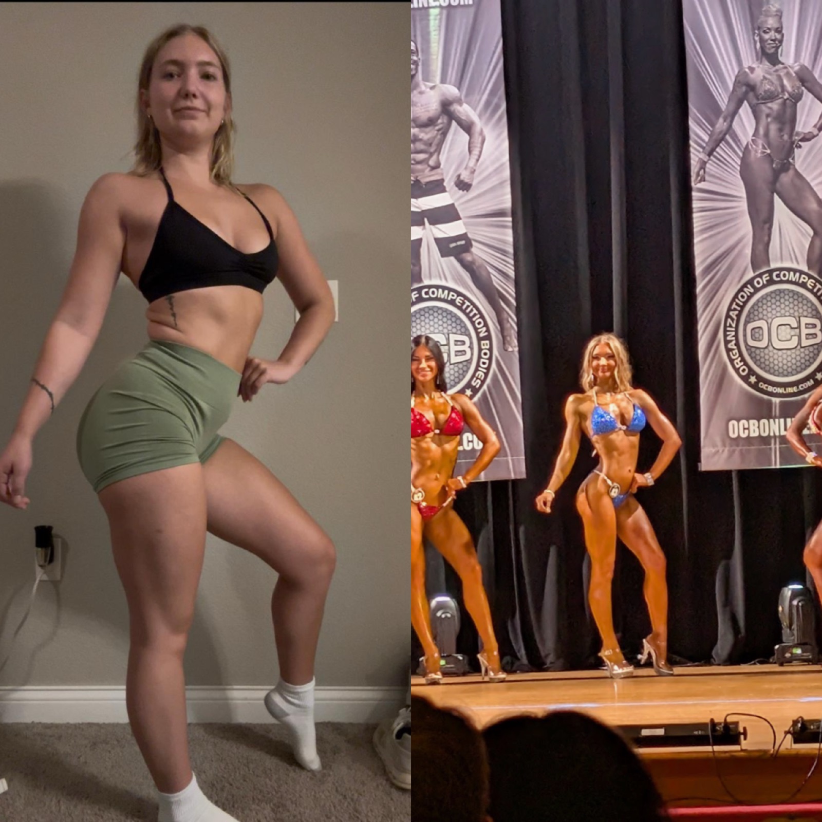 Female client transformation from starting shape to competing on an OCB stage in a blue bikini.