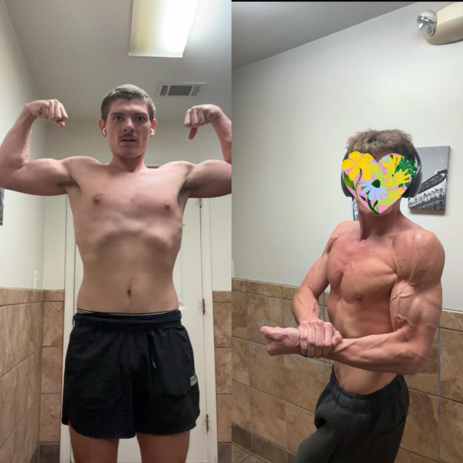 Male client body composition improvement — intermediate training results to advanced conditioning with visible vascularity.