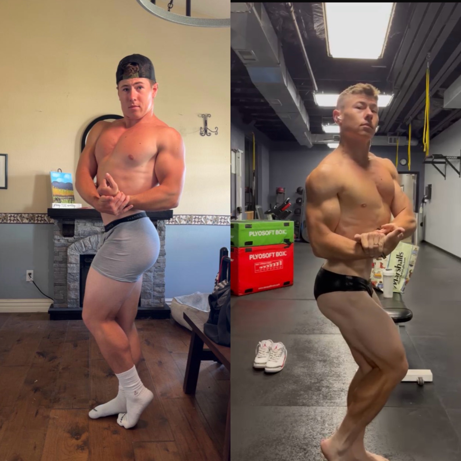 Male client before and after: off-season fullness on the left, dialled-in stage conditioning on the right.