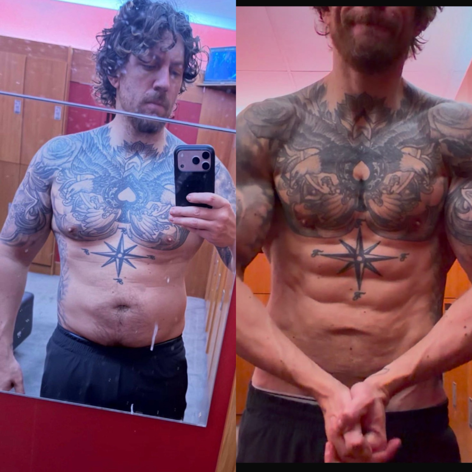Client body recomposition — significant fat loss revealing muscular definition underneath.