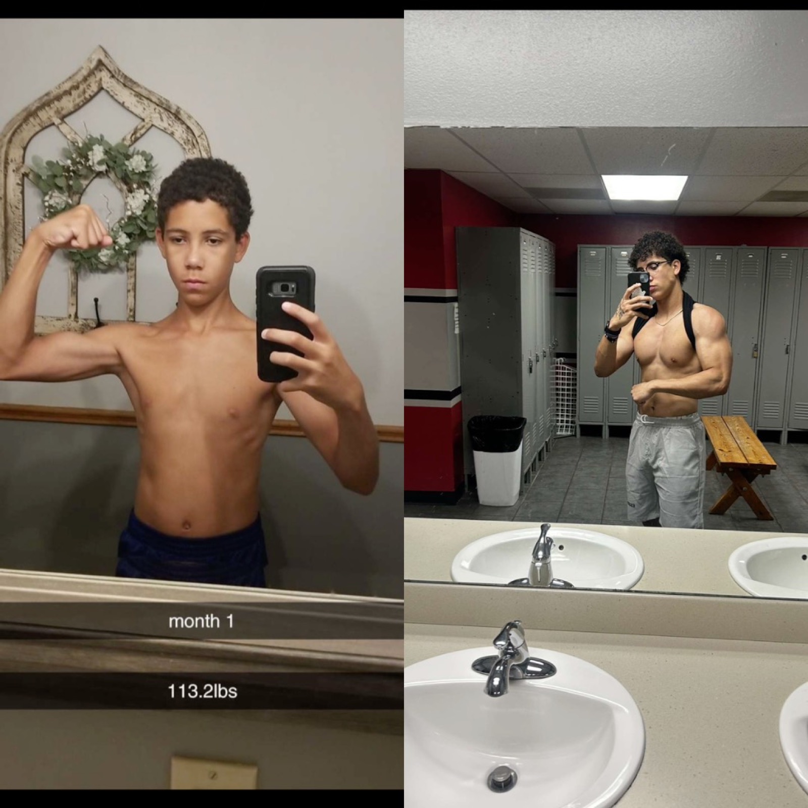 Client progression from a first-month 113 lbs check-in to a fully built muscular frame.