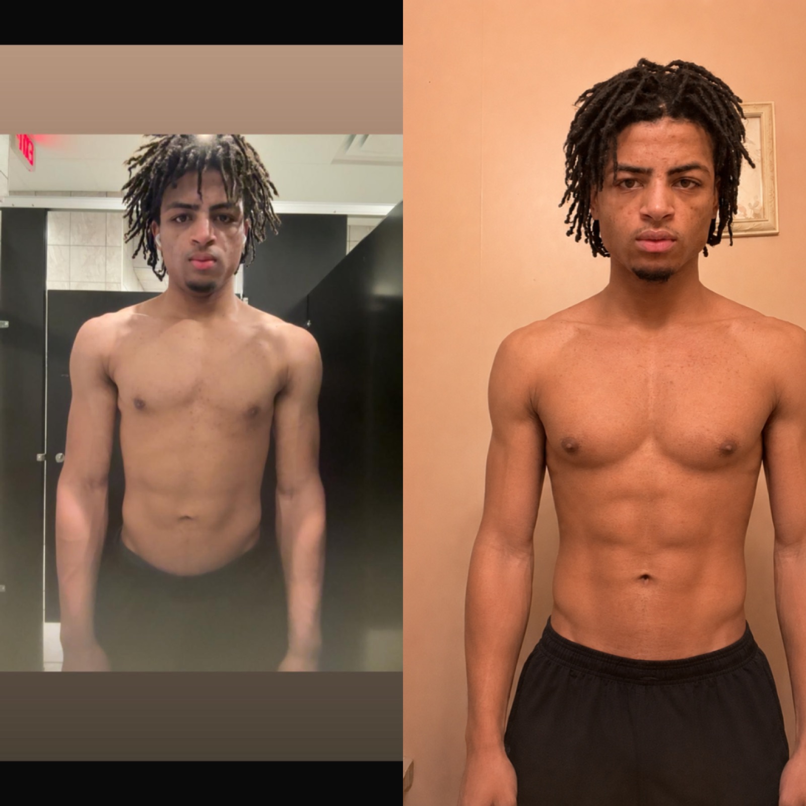 Male client before and after: from a slim starting frame to visible abs and a fuller chest.