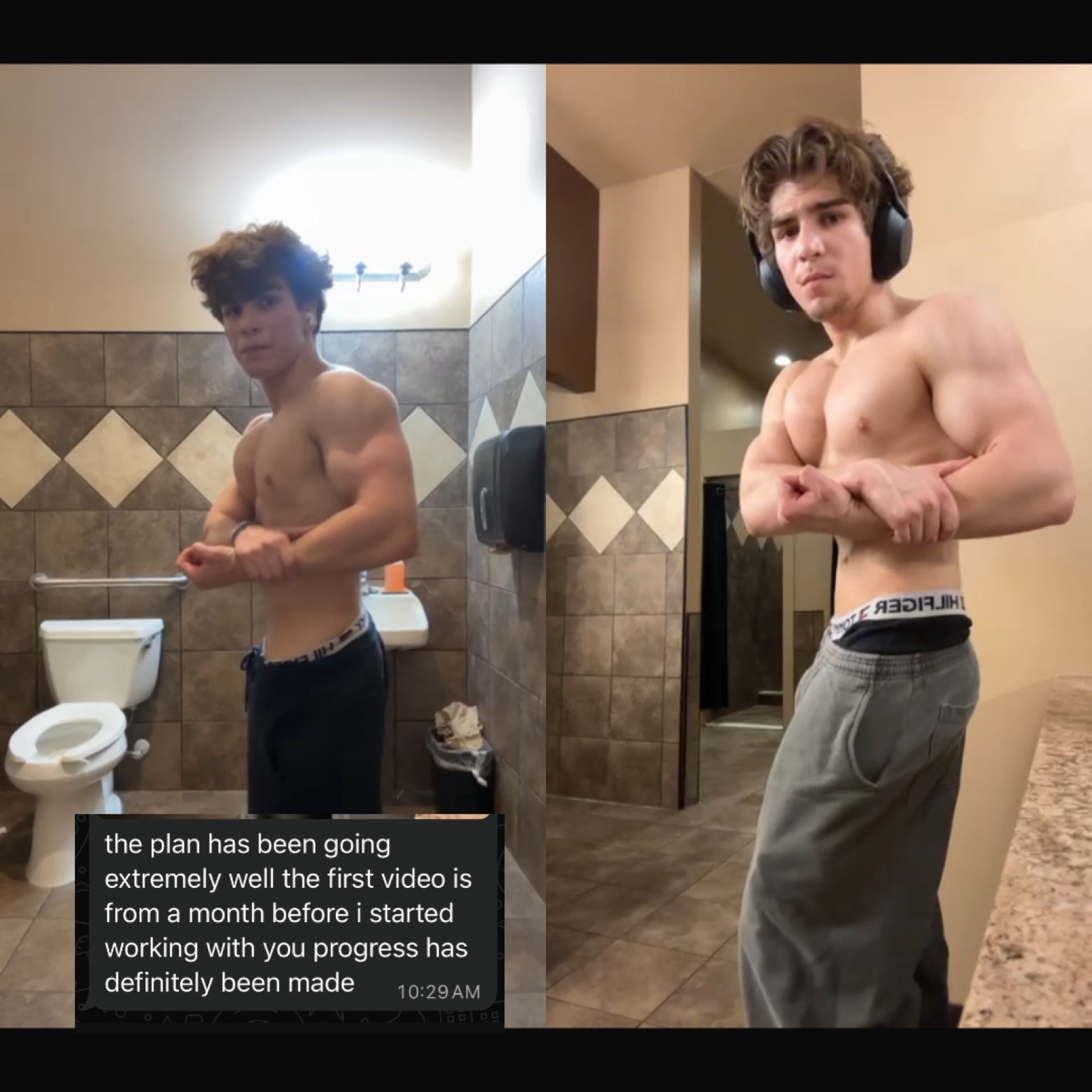 Young male client one month into coaching — noticeably fuller chest and arms in a side-chest pose.